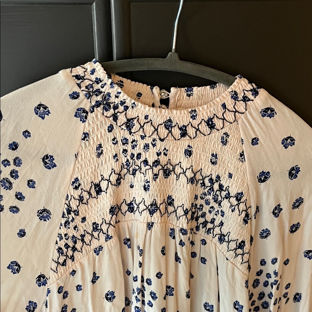 Free People - Cream Long Sleeve Smocked Yoke Tunic Blouse with Navy Floral Dots - Picture 4 of 9